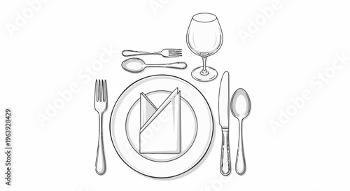 A sketched place setting with a plate, folded napkin, cutlery, and wine glass