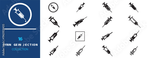 Medical syringe injection icon set, 16 black vector syringe symbols for healthcare and vaccination, flat hypodermic needle icons for medical infographics