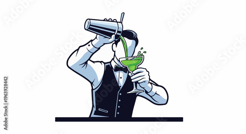 A stylized bartender in a vest and bow tie pours a green beverage