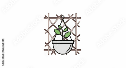 A simple illustration of a hanging pot with a plant on a wooden trellis