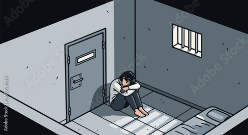 A solitary figure curls up in the corner of a stark cell, window bars casting shadows