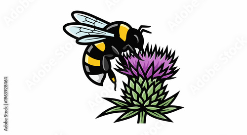 A stylized bee gathers nectar from a purple thistle flower