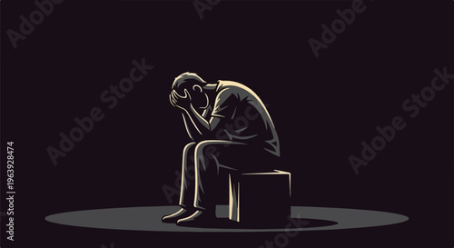 A solitary figure hunched over in despair under a dim spotlight