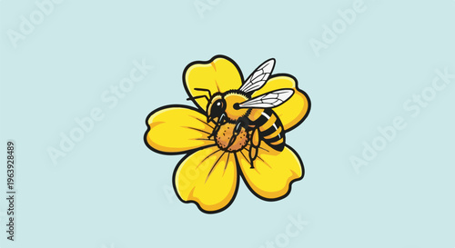 A stylized bee collecting nectar from a bright yellow flower