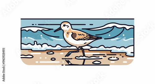 A simple illustration of a shorebird walking on a sandy beach with waves