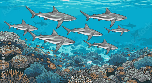 A school of sharks glides above a vibrant coral reef with small fish