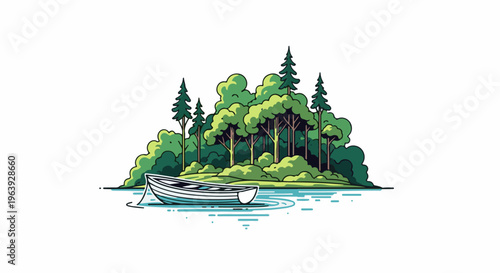 A rowboat rests on tranquil waters near a lush, green forest island