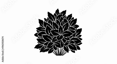 A stylized black and white illustration of a dense, leafy plant