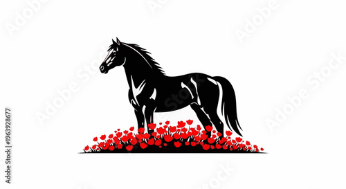 A stylized black horse stands proudly amidst a field of vibrant red flowers
