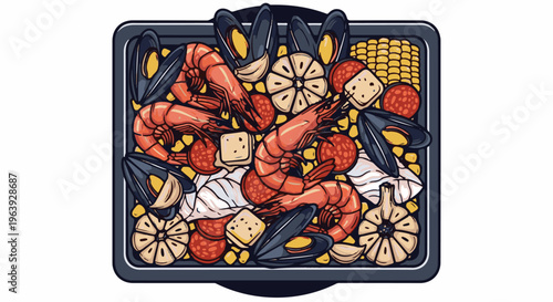 A seafood platter overflowing with shrimp, mussels, corn, and sausage
