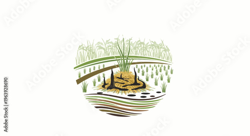A stylized depiction of a rural landscape with crops and a mound of earth
