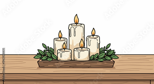 A rustic display of five cream-colored pillar candles and greenery