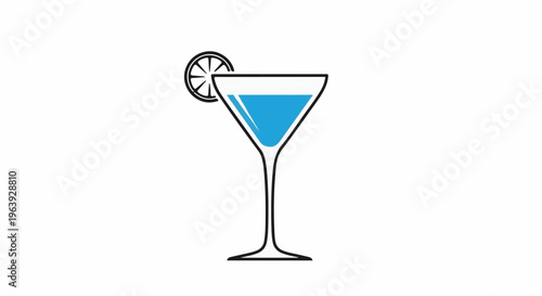 A stylized blue drink in a martini glass with a lemon slice garnish