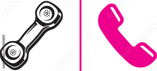 Minimalist vector icons featuring a detailed vintage black telephone receiver and a solid pink modern handset symbol. Perfect for representing classic and contemporary communication or support.