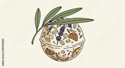 A spherical bath bomb with lavender, oats, and dried citrus slices