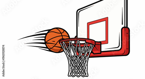 A speeding basketball flies towards a red basketball hoop and net