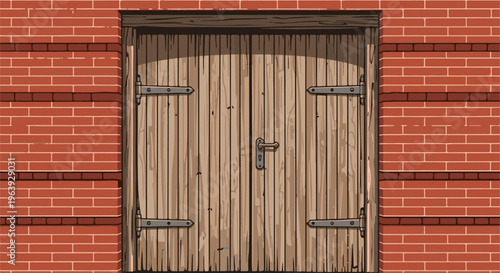 A rustic wooden double door set within a textured red brick wall