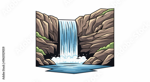 A stylized waterfall cascades down rocky cliffs into a serene pool below