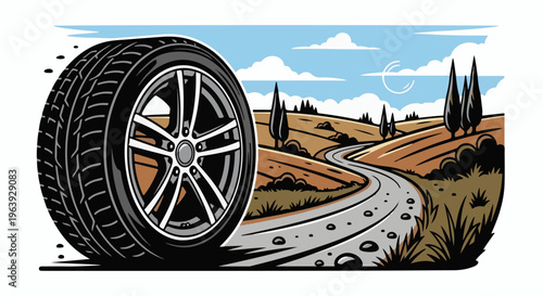 A stylized tire rolls along a scenic, winding road through rolling hills