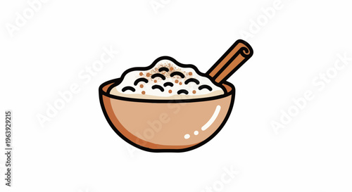 A stylized bowl overflowing with creamy porridge topped with cinnamon and spice