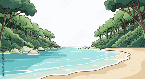 A serene pixel art beach scene with lush green trees framing calm blue water