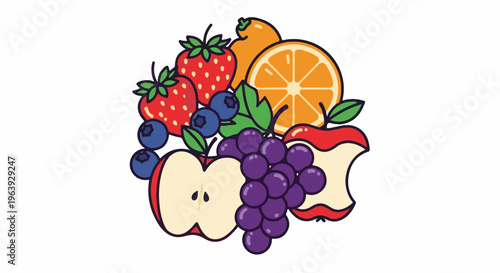A vibrant assortment of fruits including strawberries, blueberries, grapes, and apple slices