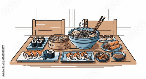 A spread of Asian delicacies including sushi, dim sum, spring rolls, and noodles