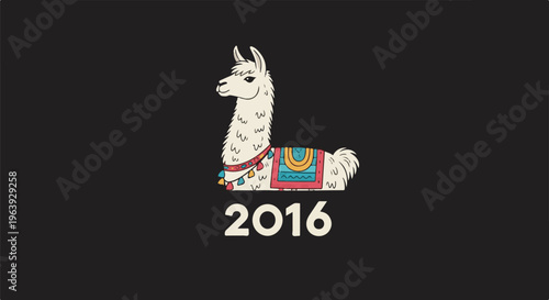 A stylized white llama wearing a colorful saddle sits below the year 2016
