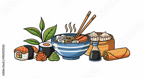 A vibrant assortment of East Asian delicacies, including sushi, ramen, dumplings, and spring rolls