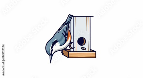 A small bird with blue and orange feathers pecks at a wooden birdhouse