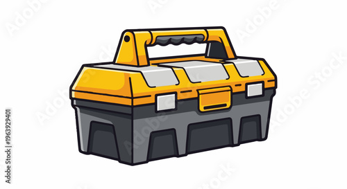 A stylized yellow and gray toolbox with a black handle