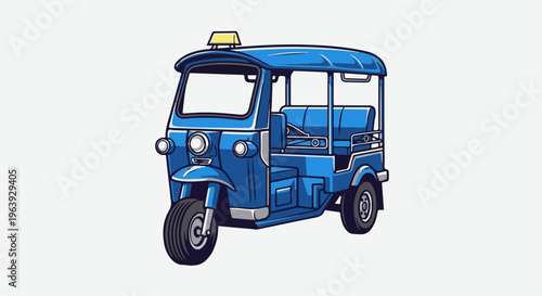 A vibrant blue three-wheeled vehicle with a yellow roof light is depicted
