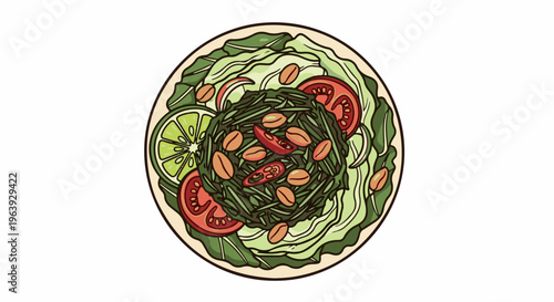 A vibrant, top-down illustration of a salad in a beige bowl