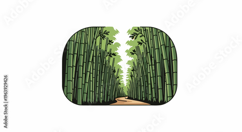 A winding dirt path leads through a dense bamboo forest with green leaves