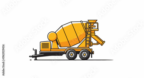 A stylized yellow cement mixer truck with a rotating drum and chute