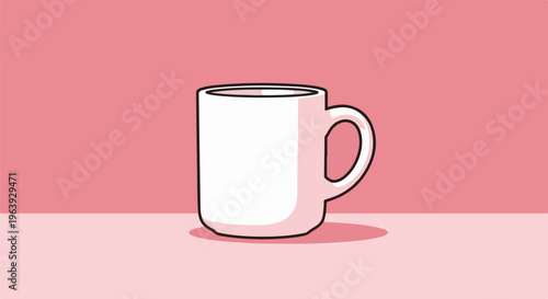 A simple white mug with a handle rests on a pink surface