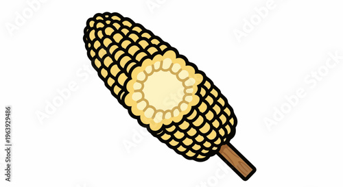 A stylized yellow ear of corn on a wooden stick, with kernels visible