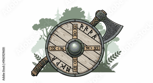 A Viking shield with runes and a battle axe in a forest setting