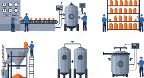 Industrial beverage production line with processing tanks, factory workers, bottling system, storage shelves and modern food manufacturing equipment