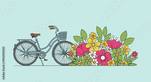 A vintage bicycle with a basket filled with colorful blooming flowers