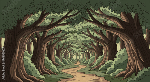 A winding path leads through a dense, green forest with large, ancient trees