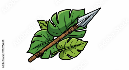 A sharp metal spear rests against lush green jungle foliage
