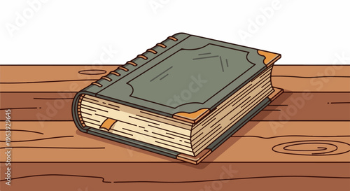 A vintage thick book with a dark cover rests on a wooden surface