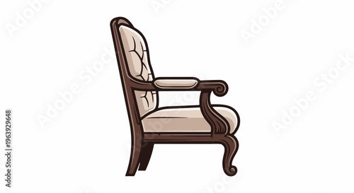 A vintage upholstered armchair with carved wooden legs and arms
