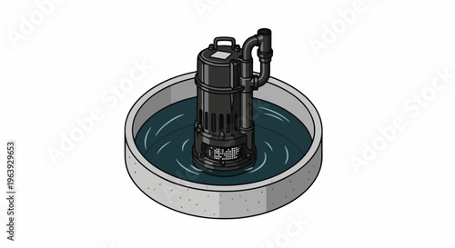 A submersible pump is submerged in dark water within a concrete basin