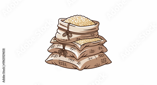 A stack of four burlap sacks filled with grainy material, tied with string