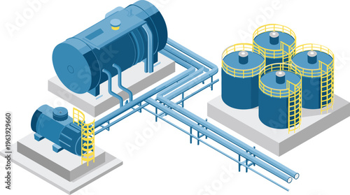 Industrial storage tanks and pipeline system with processing equipment, factory infrastructure and modern oil or chemical plant engineering illustration
