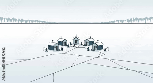 A small village of snow-covered huts is situated on a frozen body of water