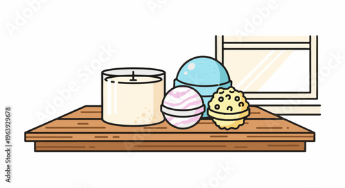 A shelf displays a candle, bath bombs, and a scrubby ball near a window