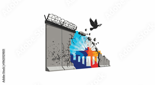 A wall crumbles revealing bright colors and a dove of peace flies